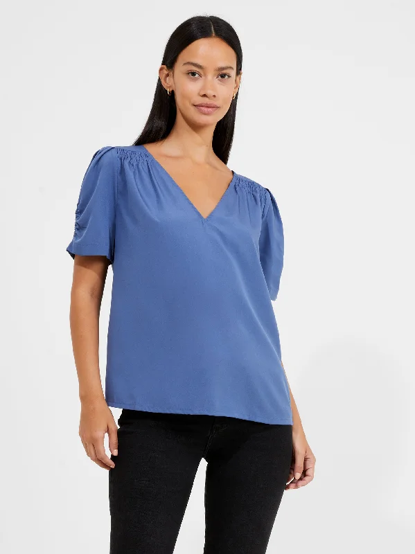 Crepe Recycled V Neck Smocked Top Contemporary 