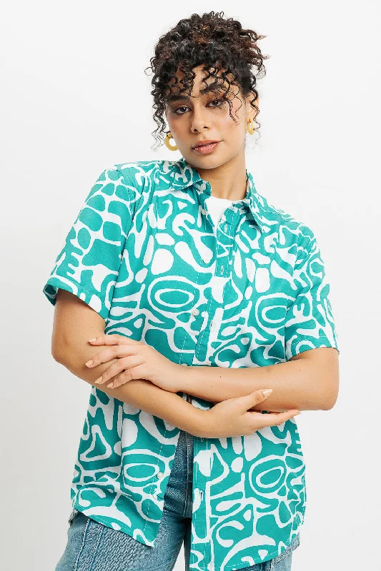 Green Abstract Print Women's Resort Shirt Cool Women's Skate