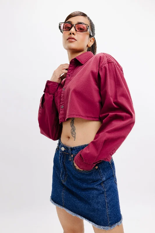 Burgundy Full Sleeves Crop Shirt Edgy Women's Punk