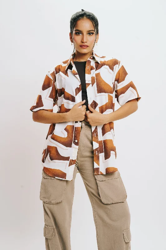 Brown Printed Shirt Elegant Women's Formal 