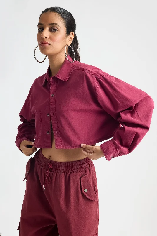 Wine Red Long Sleeve Crop Top Modern Women's Tech