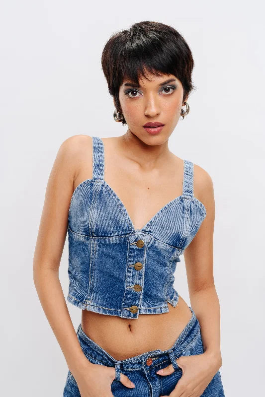 Front Button Denim Indigo Top Confident Women's Power
