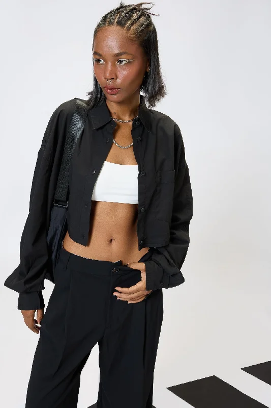 Black Cropped Cotton Shirt Trendy Women's 