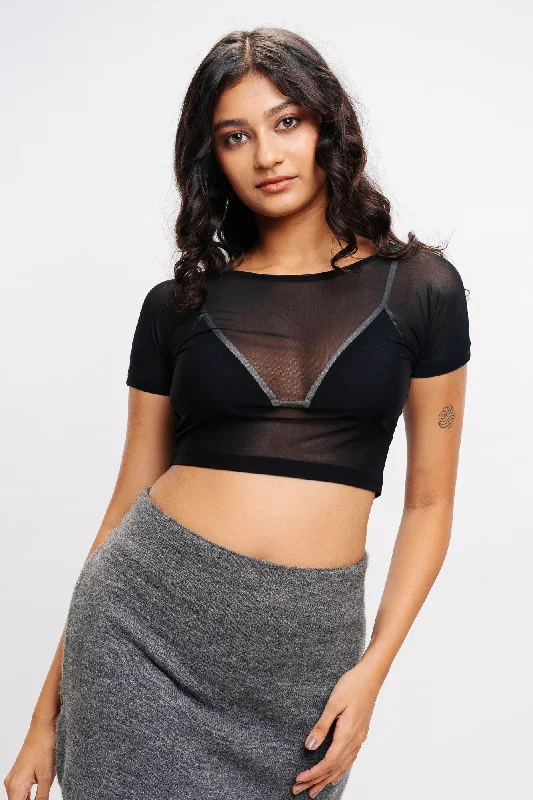 Black Mesh Crop Top Streetwear Style for 