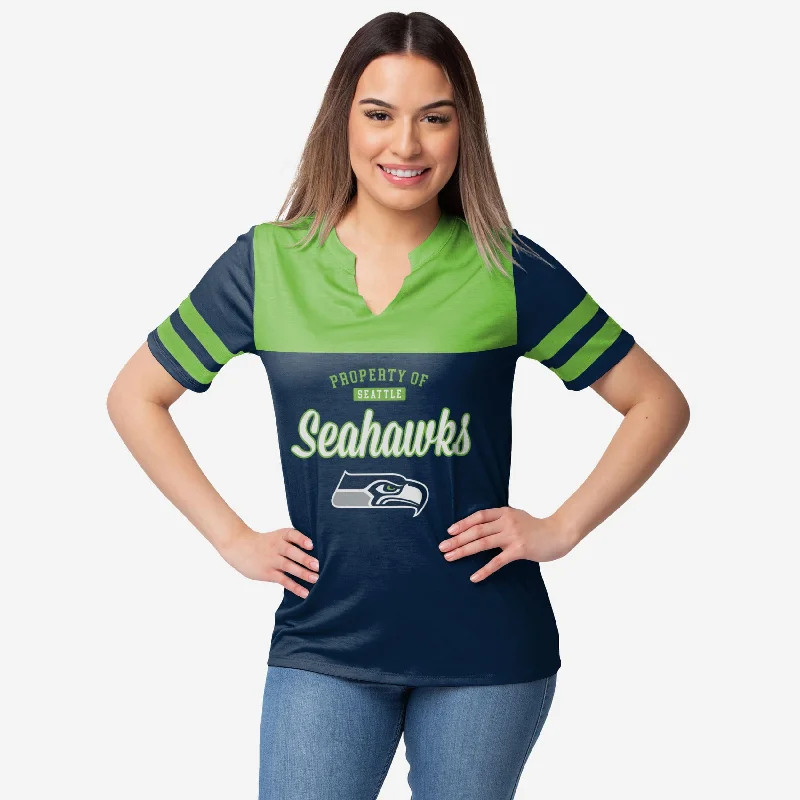 Seattle Seahawks Womens Team Stripe Property Of V-Neck T-Shirt Practical Women's Quick - dry Seattle Seahawks Womens Team Stripe Property Of V-Neck T-Shirt Practical Women's Quick - dry