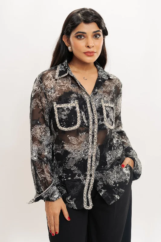 Black White Printed Sheer Shirt Practical Women's Multi - 