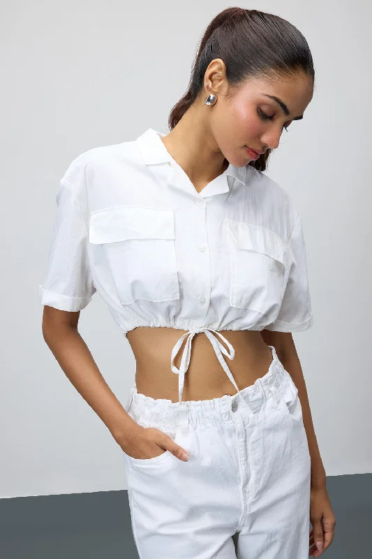 White Tie-Hem Crop Shirt Laid - back Women's Style