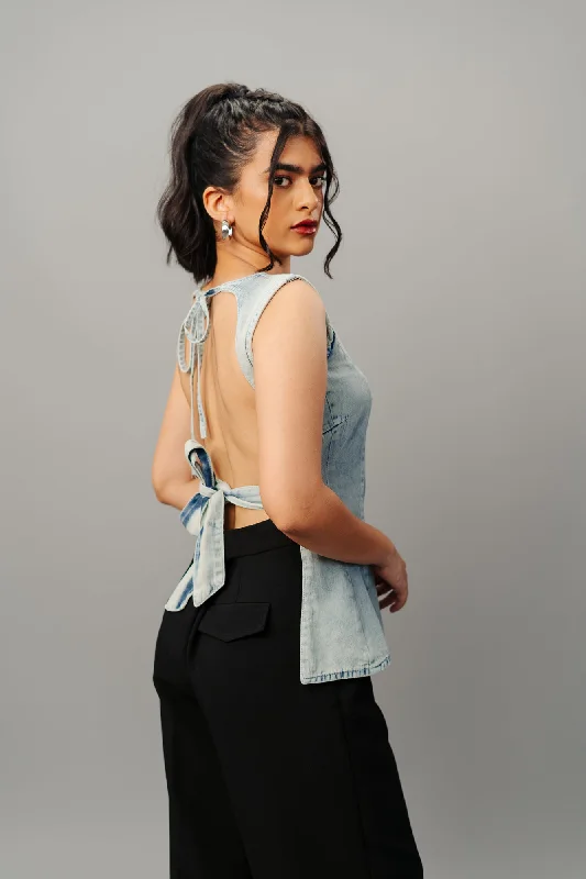 Retro Back Tie Up Denim Top Trendy Women's 