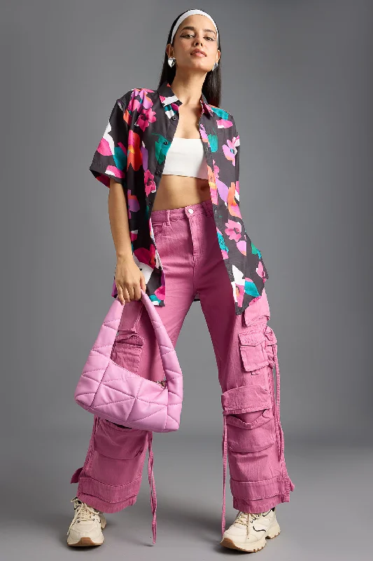 Black Pink Printed Women's Resort Shirt Refined Women's Velvet