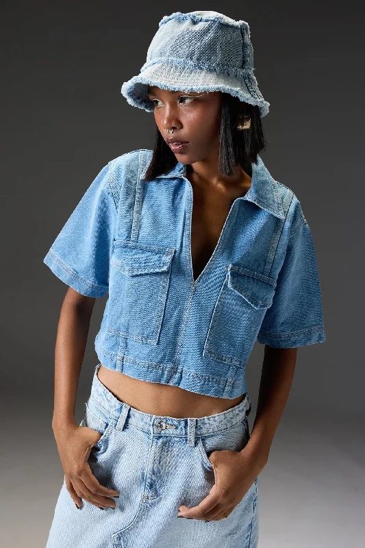 Light Blue Cut And Sew Denim Top Confident Women's High - fashion