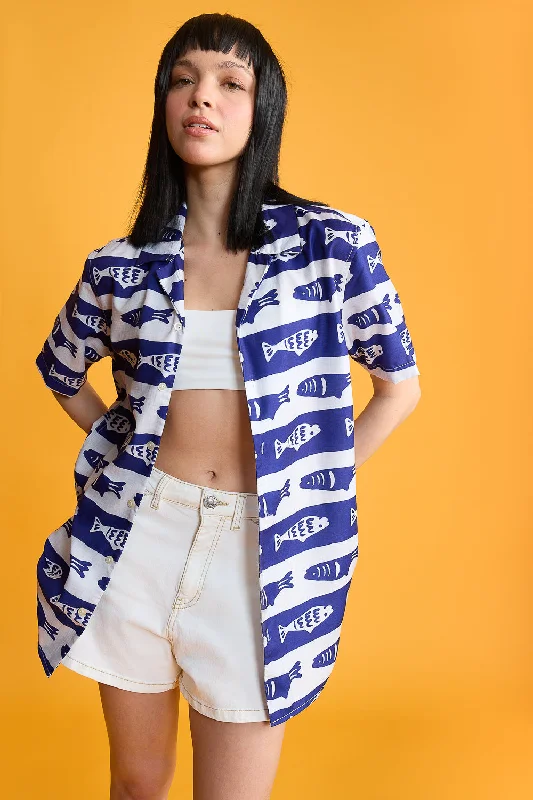 Blue Fish Print Women's Resort Shirt Refined Women's Hand - crafted