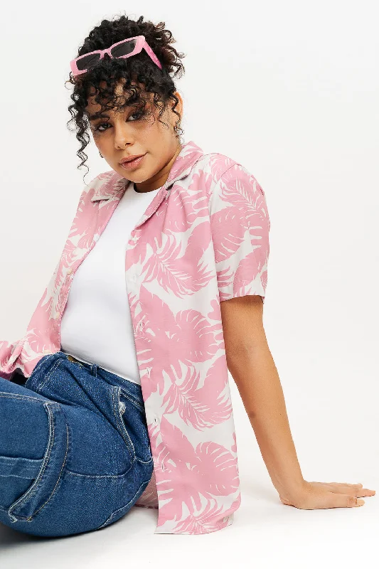 Pink Palm Leaf Print Women's Resort Shirt Laid - back Women's Style