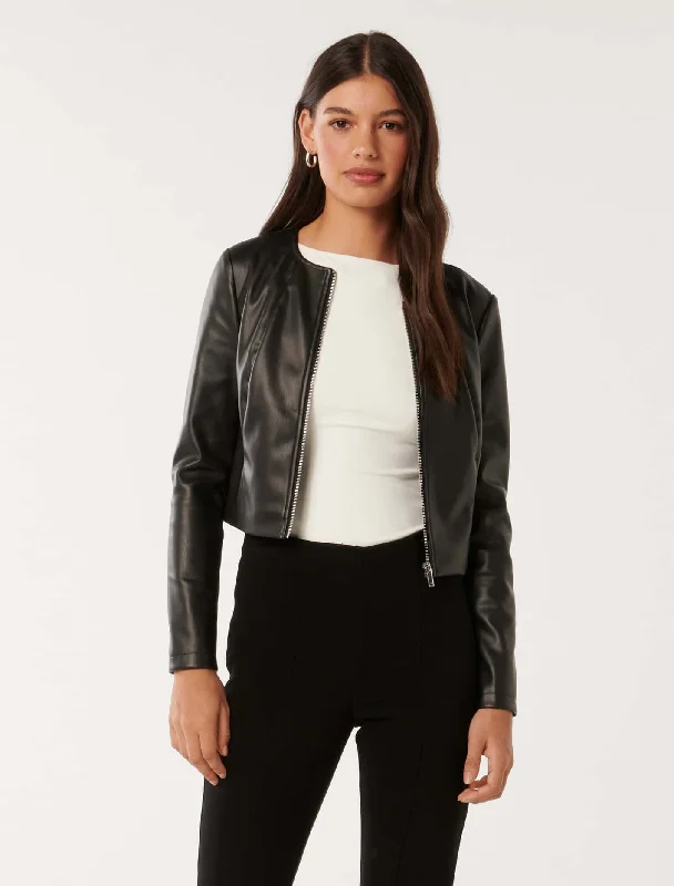 Vikki Collarless Pu Jacket Dapper Women's Bow - adorned
