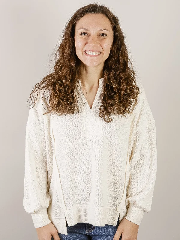 Oatmeal Split Neck Exposed Seam Top Relaxed Women's Beachy