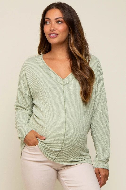 Light Olive Ribbed V-Neck Long Sleeve Maternity Top Feminine Women's Soft 