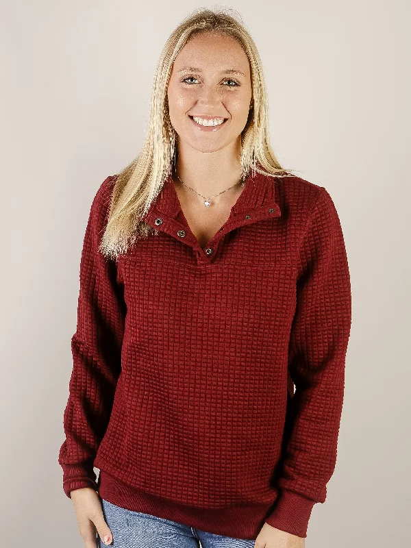 Burgundy Funnel Neck Quilted Pullover Classic Women's Tweed