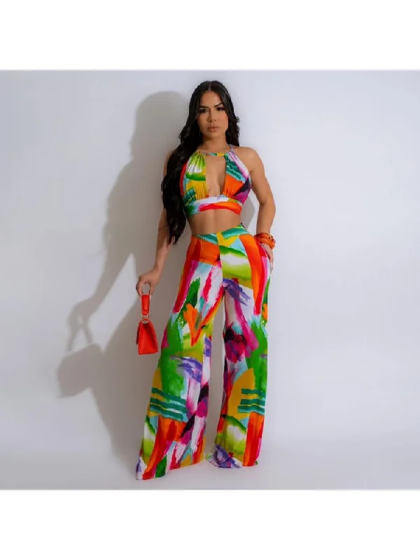 Halter Print Backless Wide Leg Jumpsuits Sharp Women's Italian