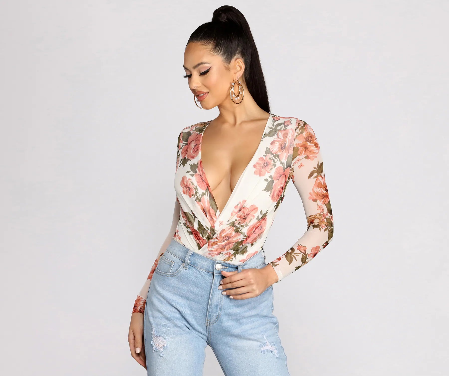 Fresh In Floral Mesh Bodysuit Artistic Women's Hand - painted