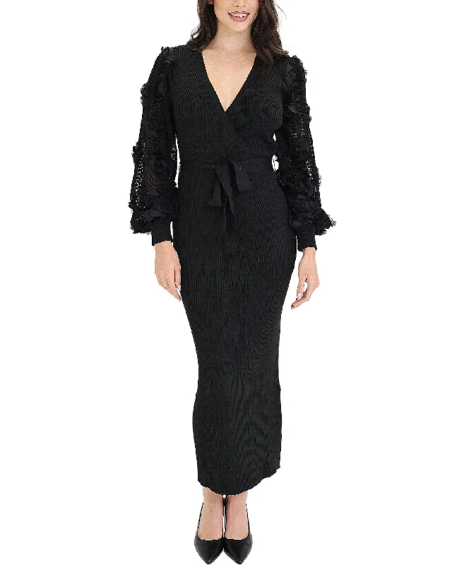 Knit Ribbed Surplice Dress w/ Rosettes Trendy Women's 