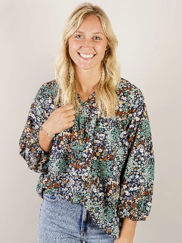 Navy Floral V-Neck Blouse Casual Women's Japanese 