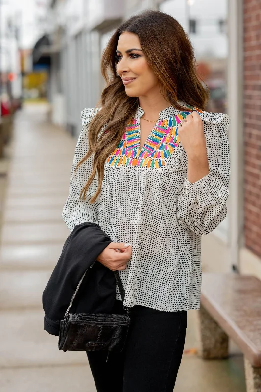 Embroidered Dotted Flutter Blouse Modern Women's 