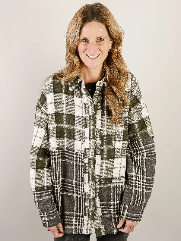 Ivory with Olive Mixed Plaid Shacket Polished Women's Silk