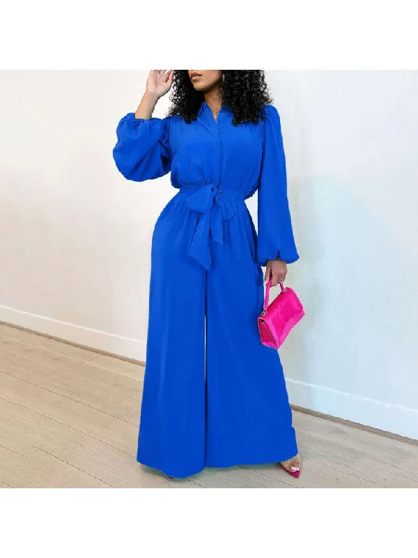 Plain Lantern Sleeve Wide Leg Jumpsuits Refined Women's Classic 