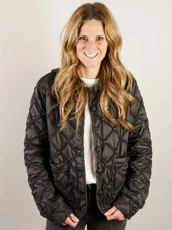 Black Quilted Button Down Jacket Sophisticated Women's 