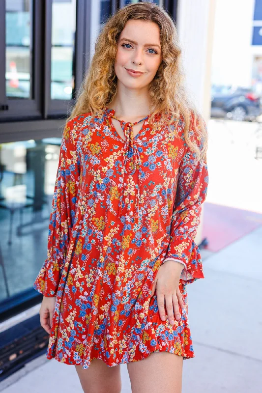 Under Your Spell Rust Floral Tie Front Elastic Bell Sleeve Dress Refined Women's Hand - crafted