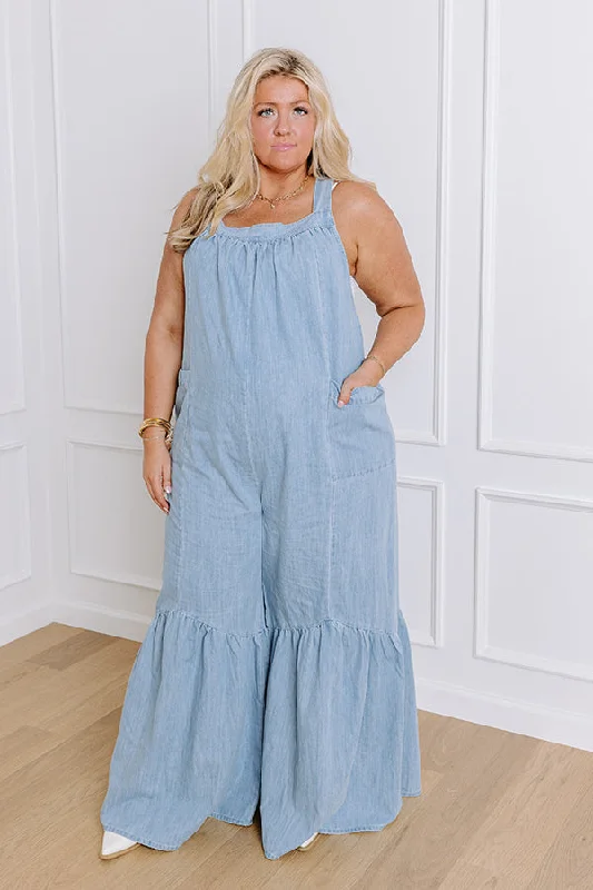 Downtown Nashville Denim Wide Leg Jumpsuit Curves Elegant Women's 