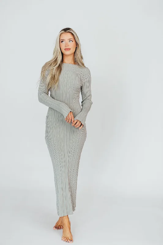 Allie Long Sleeve Ribbed Maxi Dress in Mint Sky Grey Streetwear Style for 