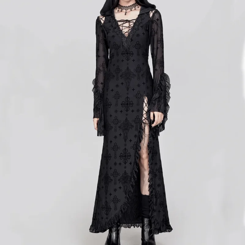Women's Gothic Plunging Flared Sleeved Split Dress with Hood Preppy Women's College