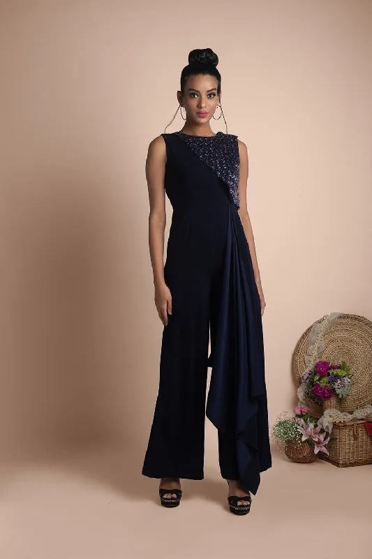 Blue Draped Jumpsuit Dynamic Women's Moto