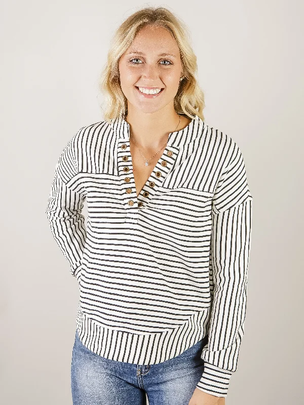 Ivory and Black Striped Long Sleeve with Eyelet V-Neck Detail Polished Women's Silk