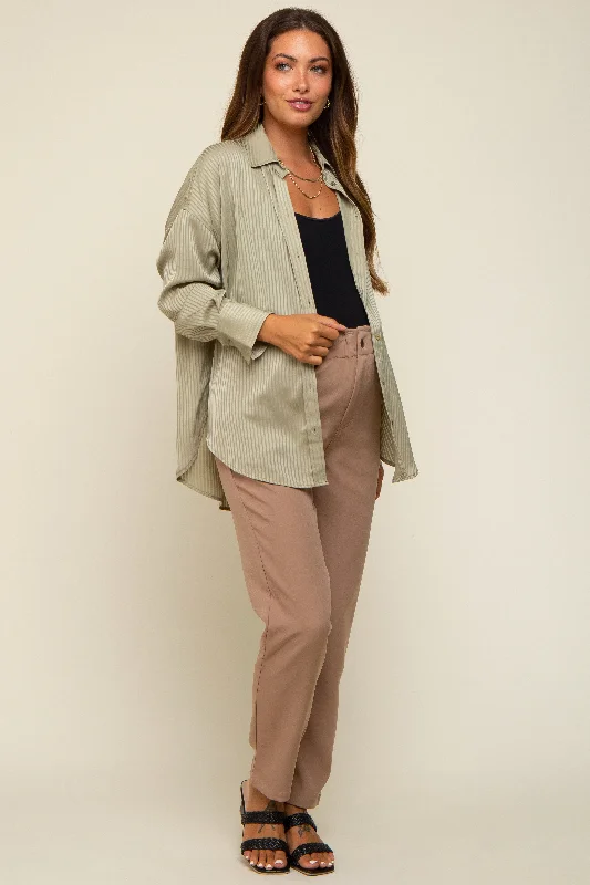 Light Olive Striped Silky Maternity Button Down Blouse Vintage Women's 1970S 