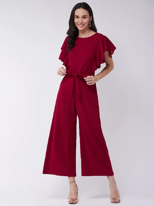 Red Solid Jumpsuit With Flared Sleeves Sleek Women's Metallic