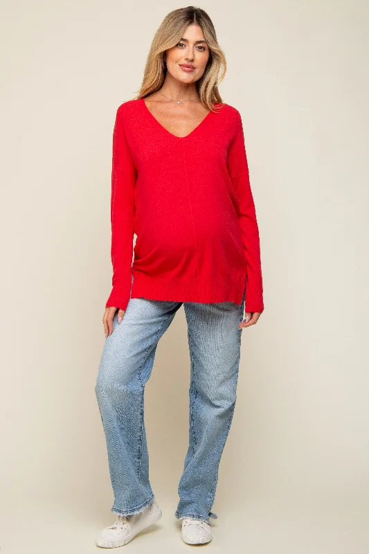 Red Long Sleeve Side Slit Maternity Sweater Disco