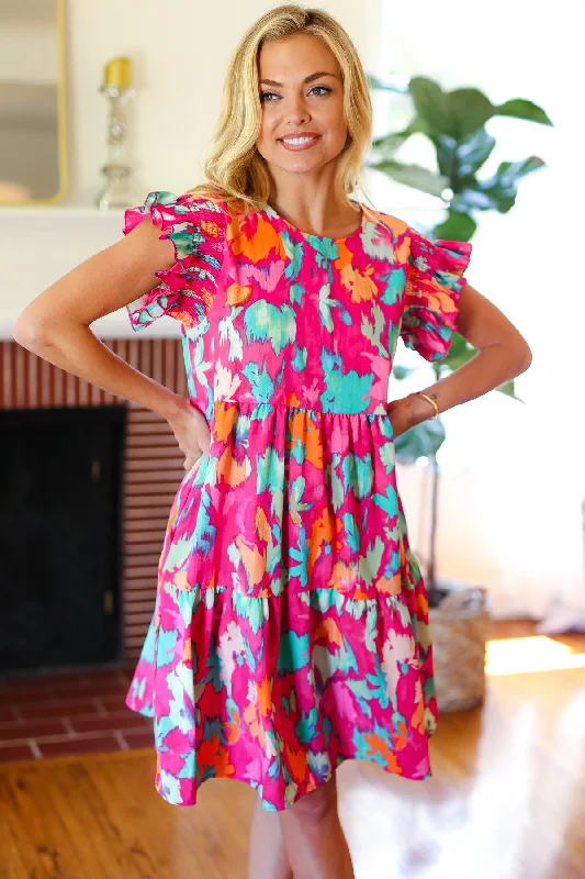 Look of Love Fuchsia Abstract Floral Print Smocked Ruffle Sleeve Dress Gym