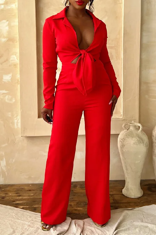 Stylish Tie Front Solid Jumpsuit British Gentlewoman Style