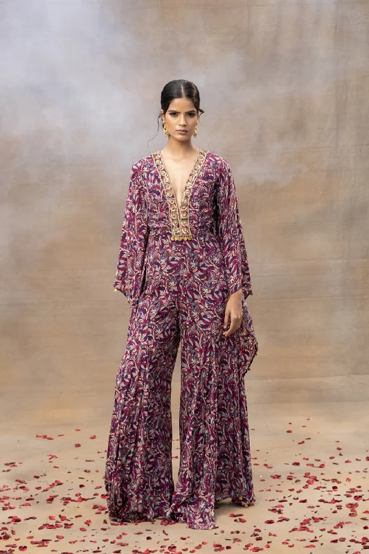 Purple Printed Embroidered Kaftan Jumpsuit Sleek Women's Metallic