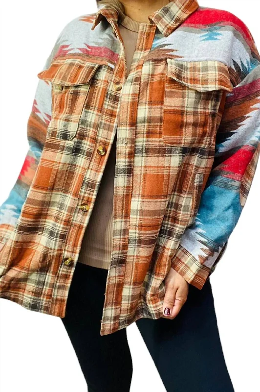 Aztec Flannel Shacket In Orange Multi Cool Women's Distressed
