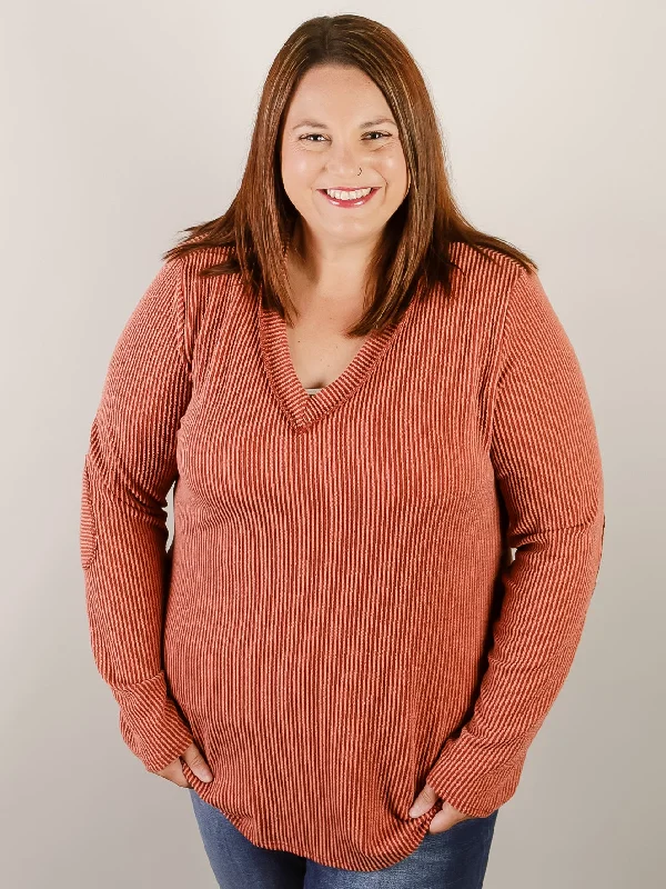Curvy Rust Ribbed Vneck Long Sleeve Compression