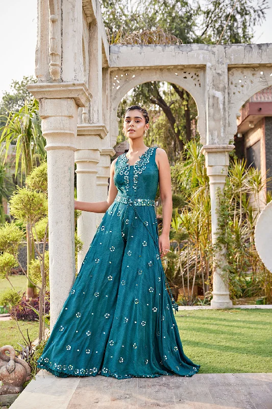 Teal Mirror Embroidered Jumpsuit With Belt Monochromatic Office Style