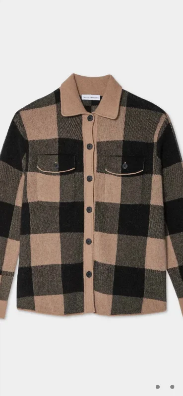 Cashmere Luxe Button Down Shacket In True Camel/black Relaxed Women's 