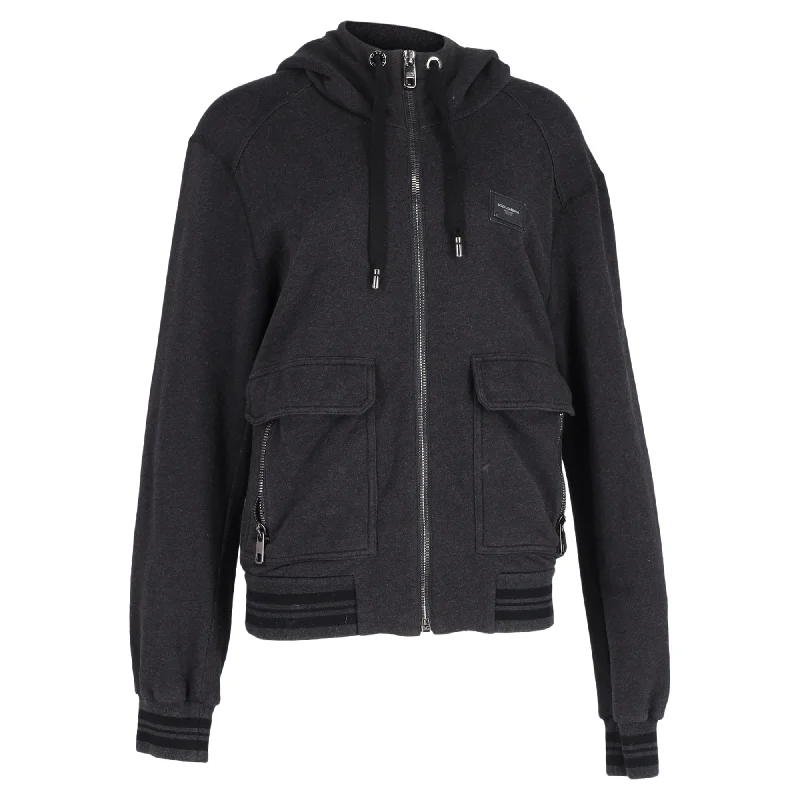 Dolce & Gabbana Zipped Hooded Jacket in Dark Grey Cotton Unique Women's Upcycled