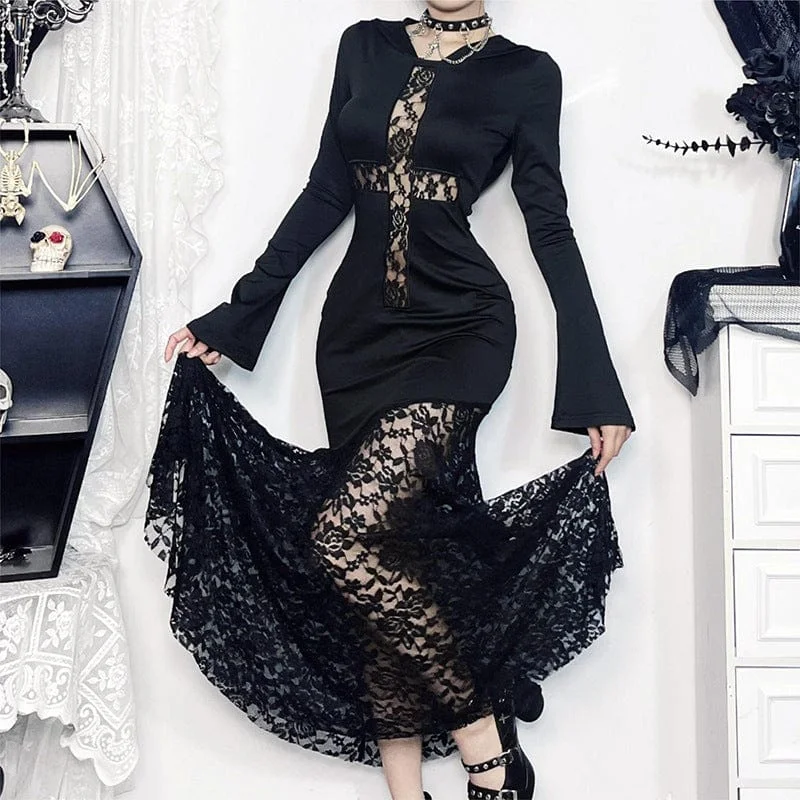 Women's Gothic Lace Splice Fishtailed Dress with Hood Dapper Women's 1920S