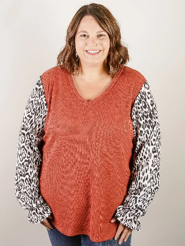 Curvy Rust Thermal with Animal Print Sleeve Bold Women's Animal Print