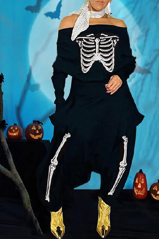 Halloween Black Skull Pattern Loose Jumpsuit Cozy Women's Winter