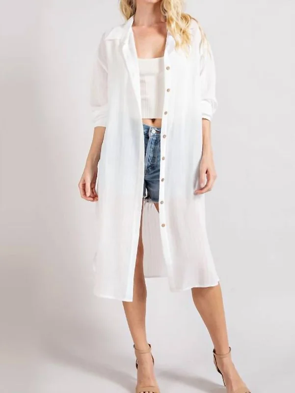 Button Down Long Jacket In White Confident Women's Power