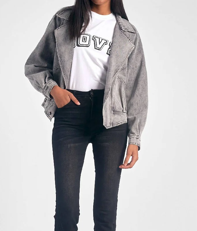 Moto Denim Jacket In Black Sporty Women's Athleisure 